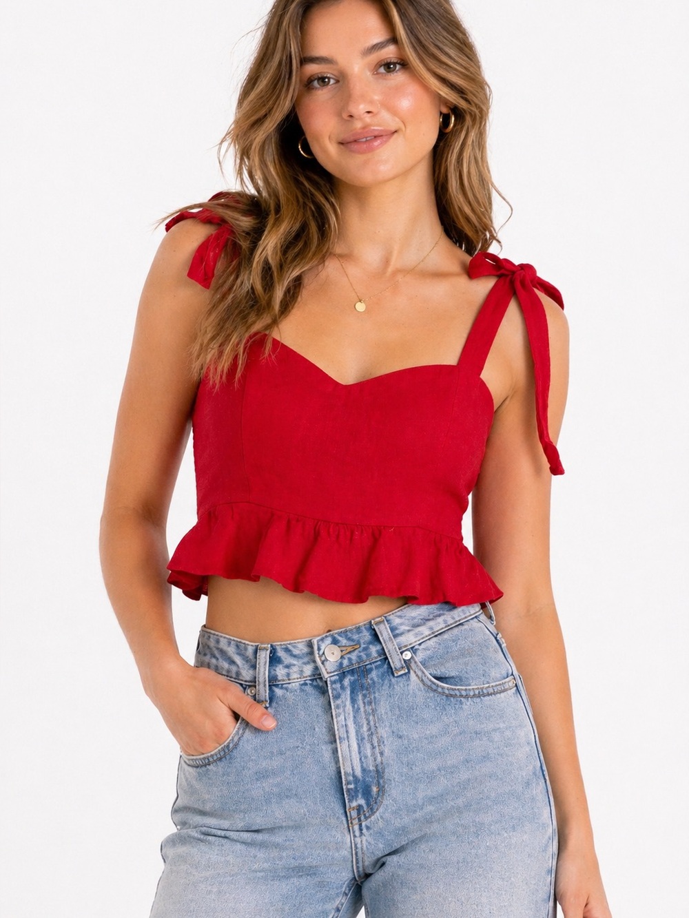 Red Linen Tie Strap Crop Top - LA Hearts - EUC - Size Medium